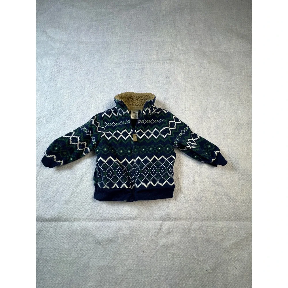Carters Baby Boys 6M Fleece Zip Up Jacket Fair Isle Navy Blue Green Sherpa Neck